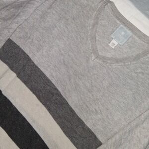 Striped Knit V Neck Poncho Top S/M‎ Gray White Lightweight Sweater Pullover